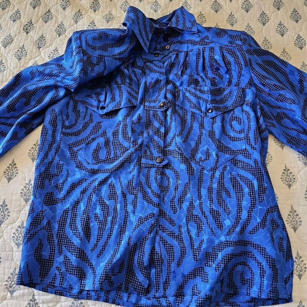 Vintage Francesca of Damon Silk Blouse 6 Blue Animal Print Neiman Marcus - Picture 6 of 13